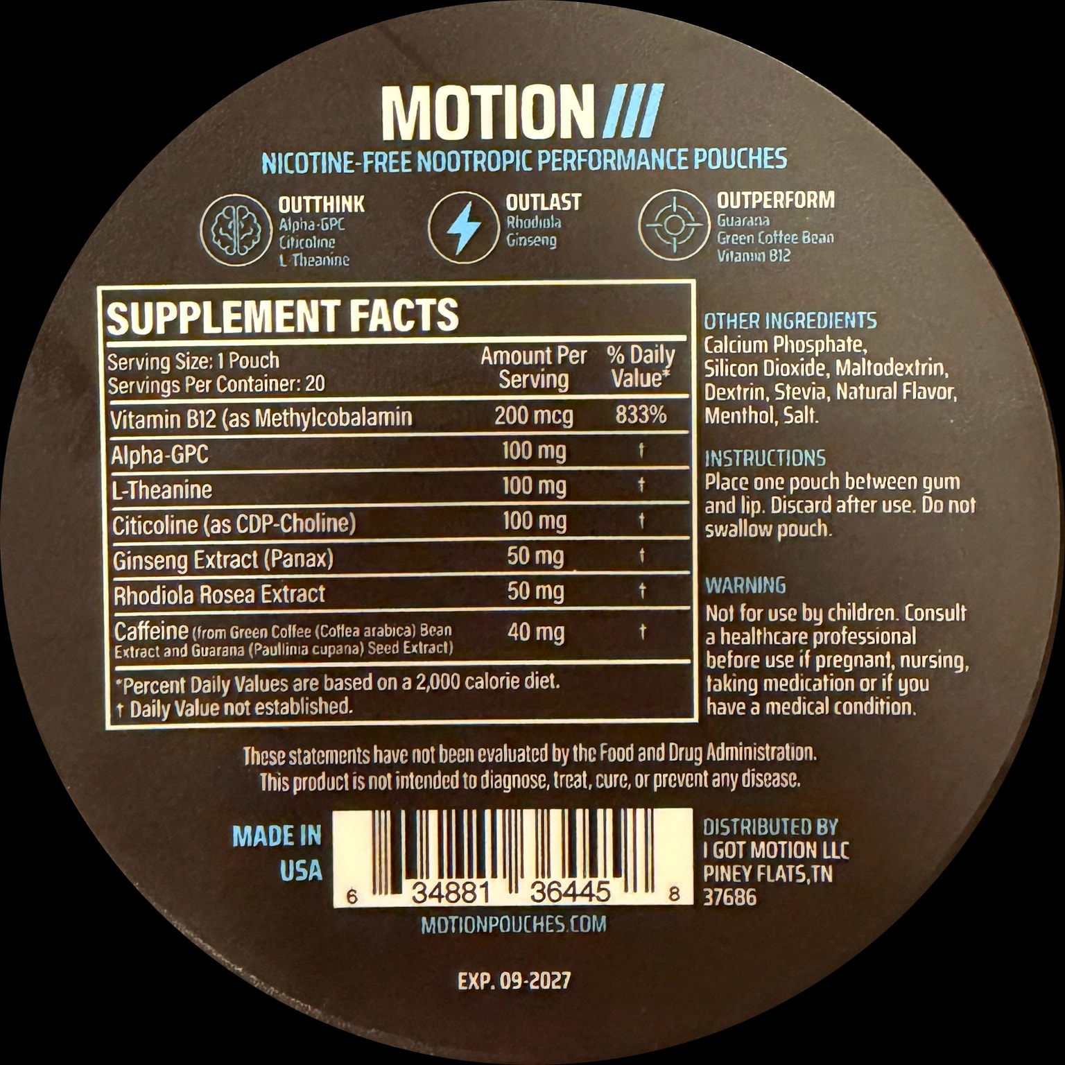MOTION Performance Pouches back label with supplement facts, ingredients, and directions