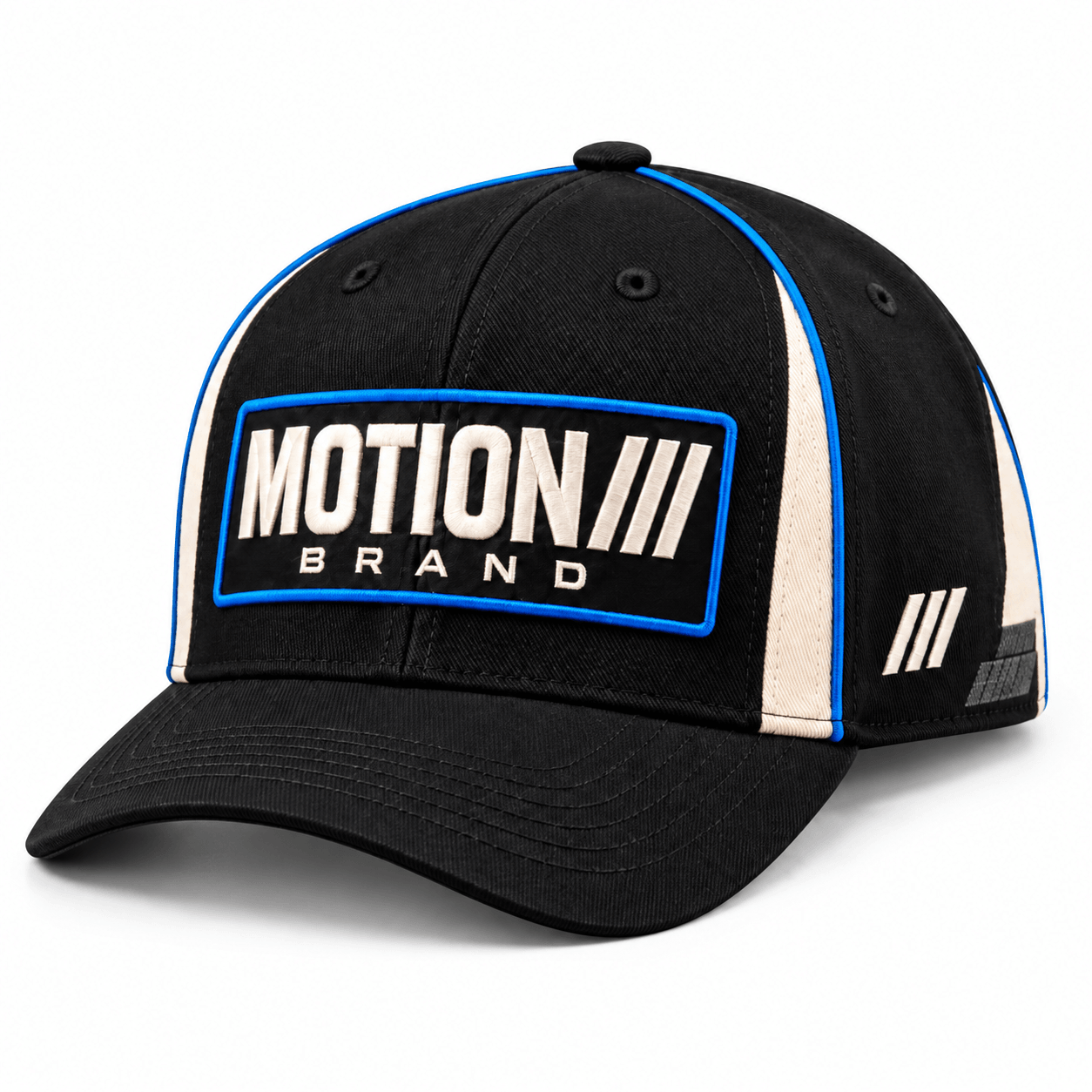 Black MOTION racing cap front view on white