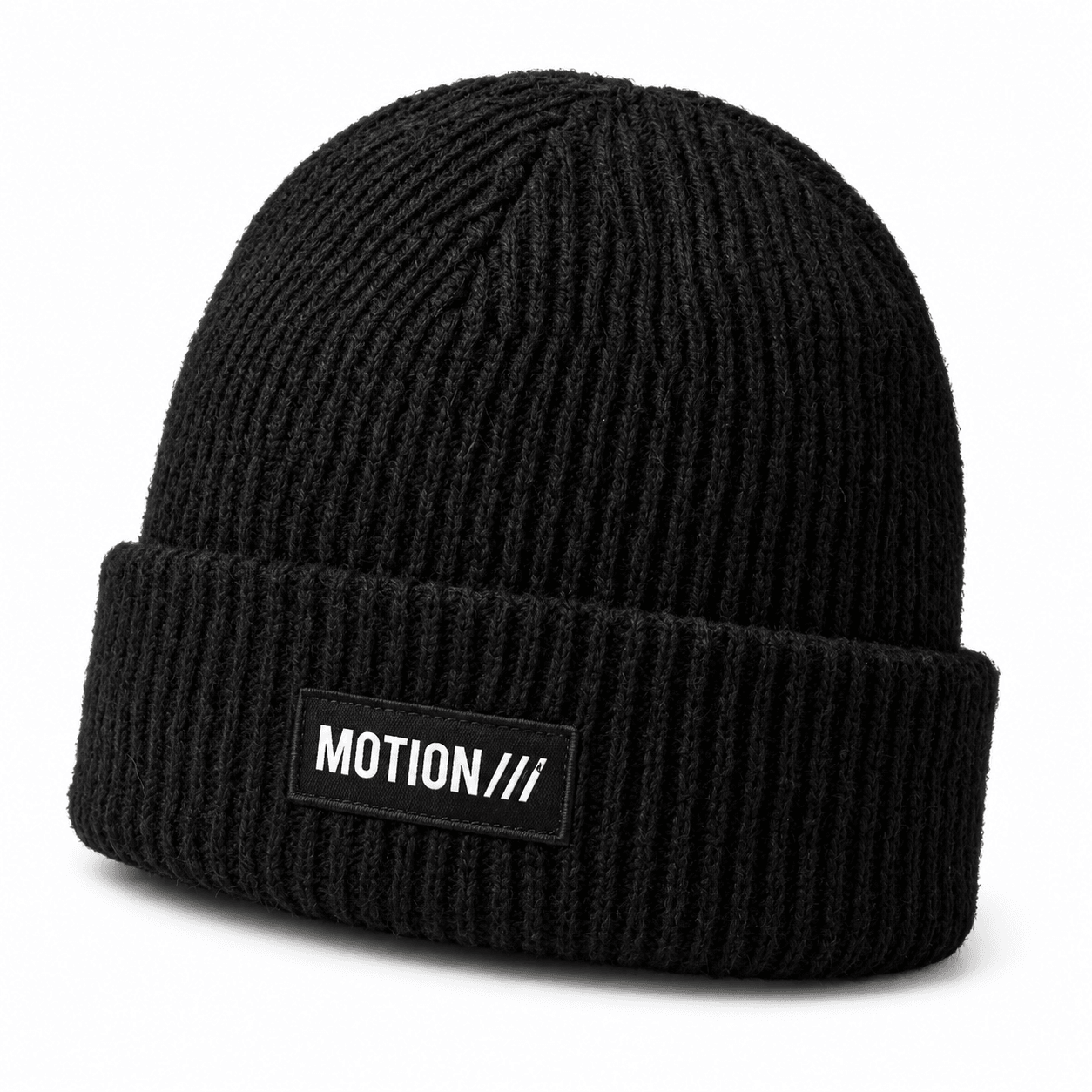 Black ribbed MOTION beanie with logo patch on white