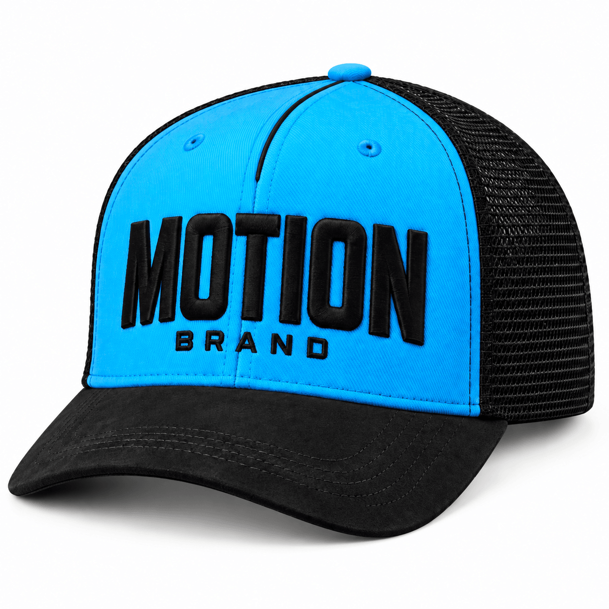 Blue and black MOTION trucker front view on white