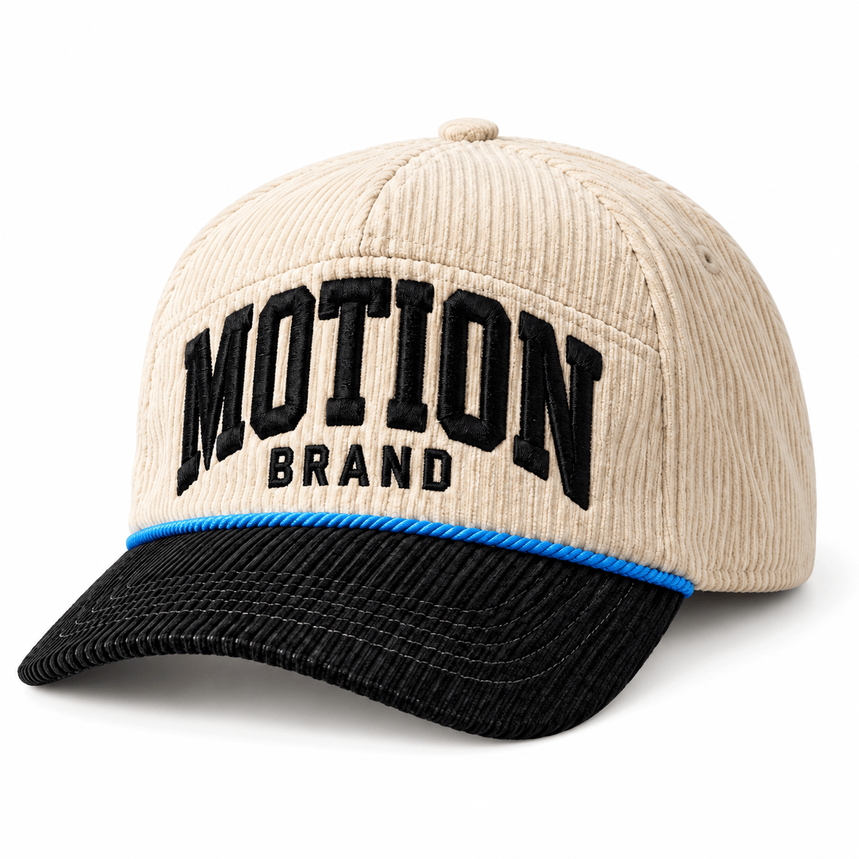 Cream corduroy MOTION cap front view on white