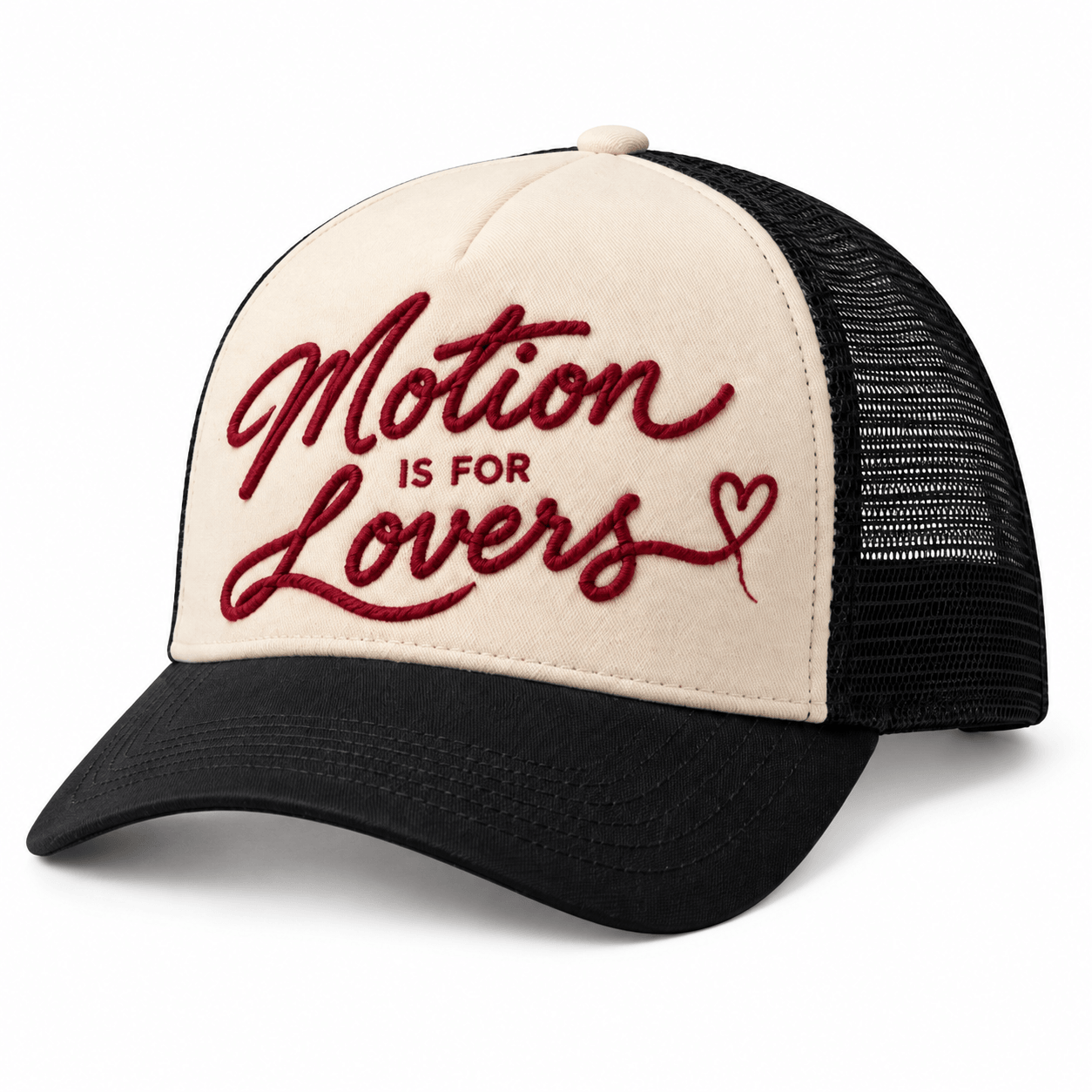 Motion Is for Lovers trucker front view on white