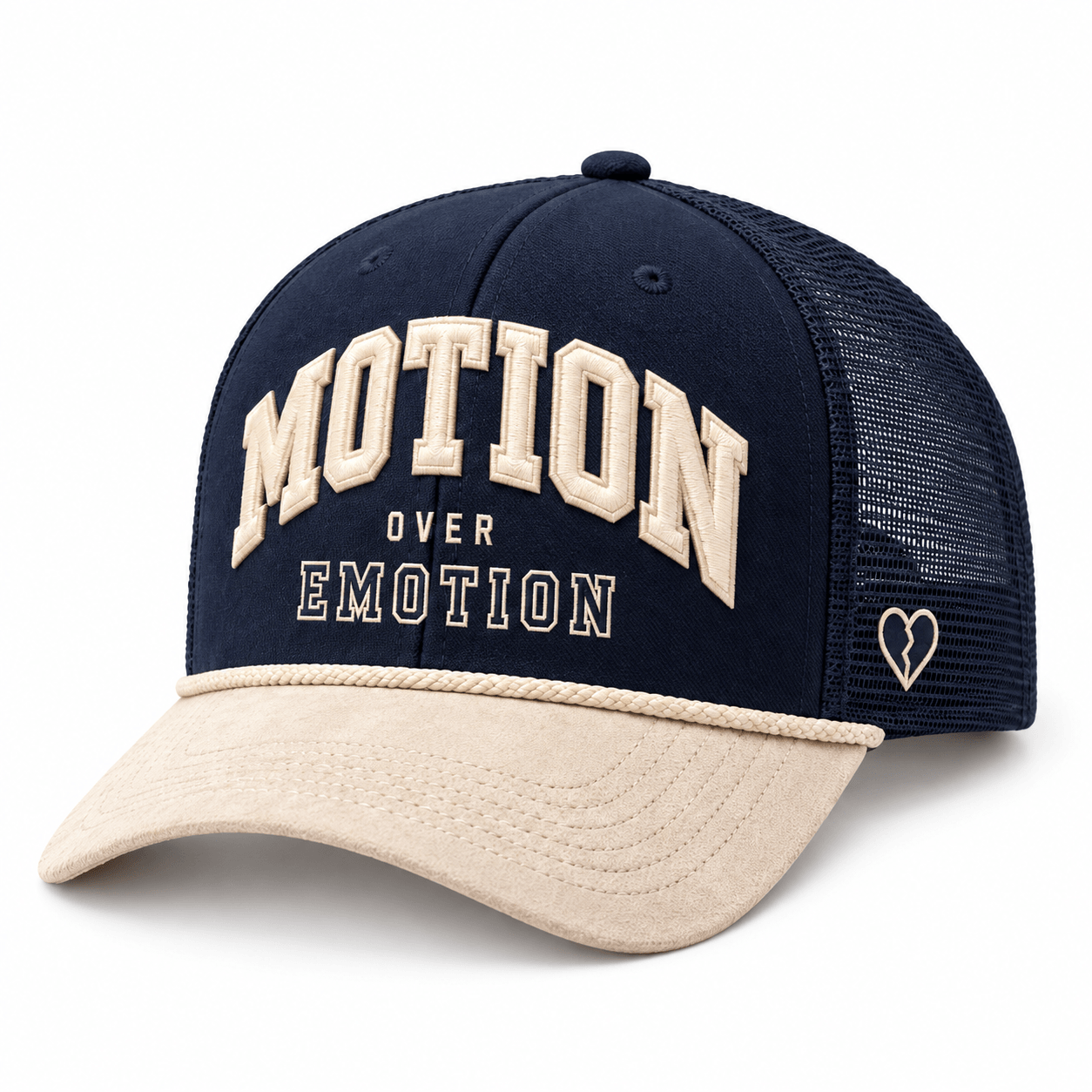 Navy and cream Motion Over Emotion trucker front view on white