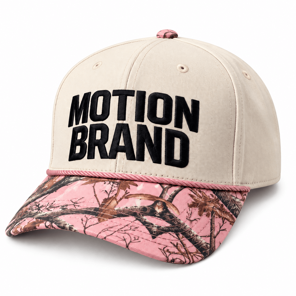 Pink camo cap front view on white