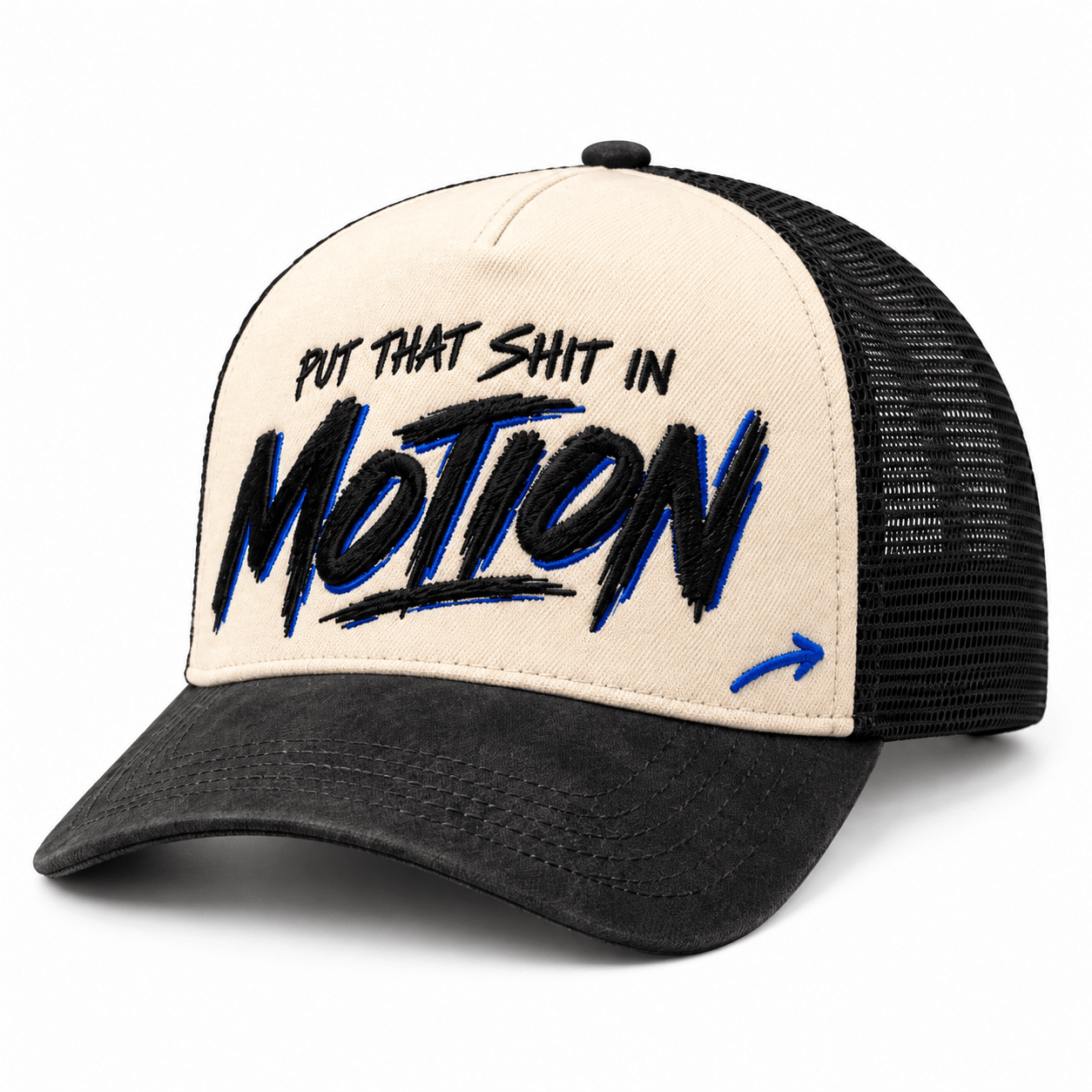 Put That Shit in MOTION trucker front view on white