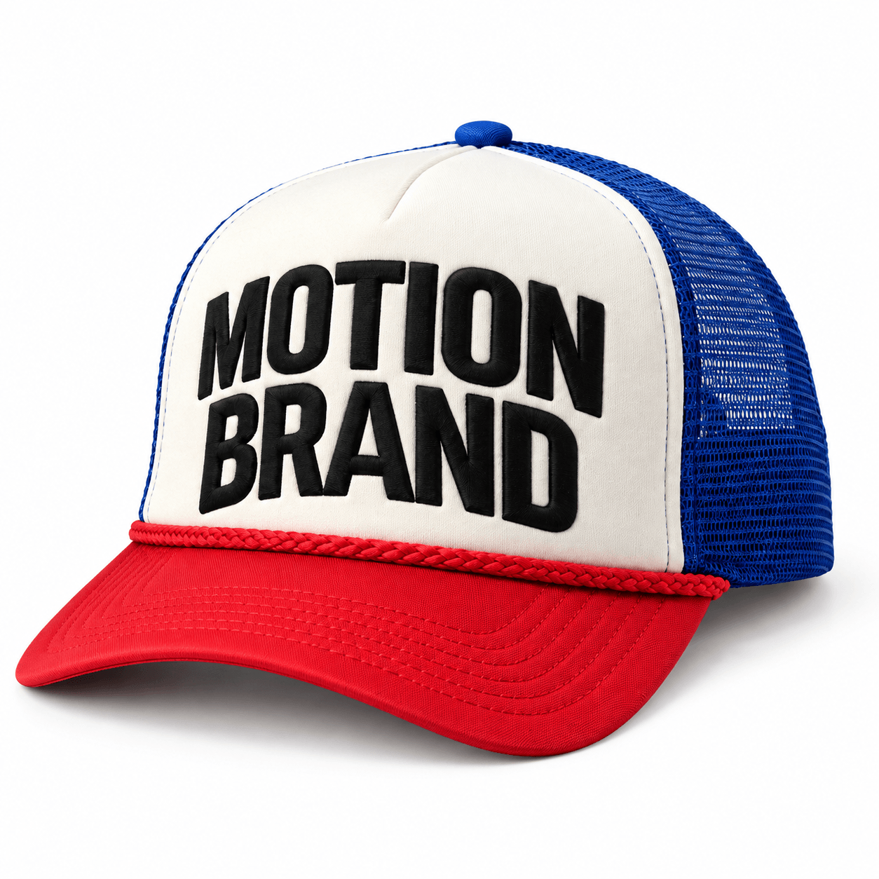Red, white and blue MOTION trucker front view on white