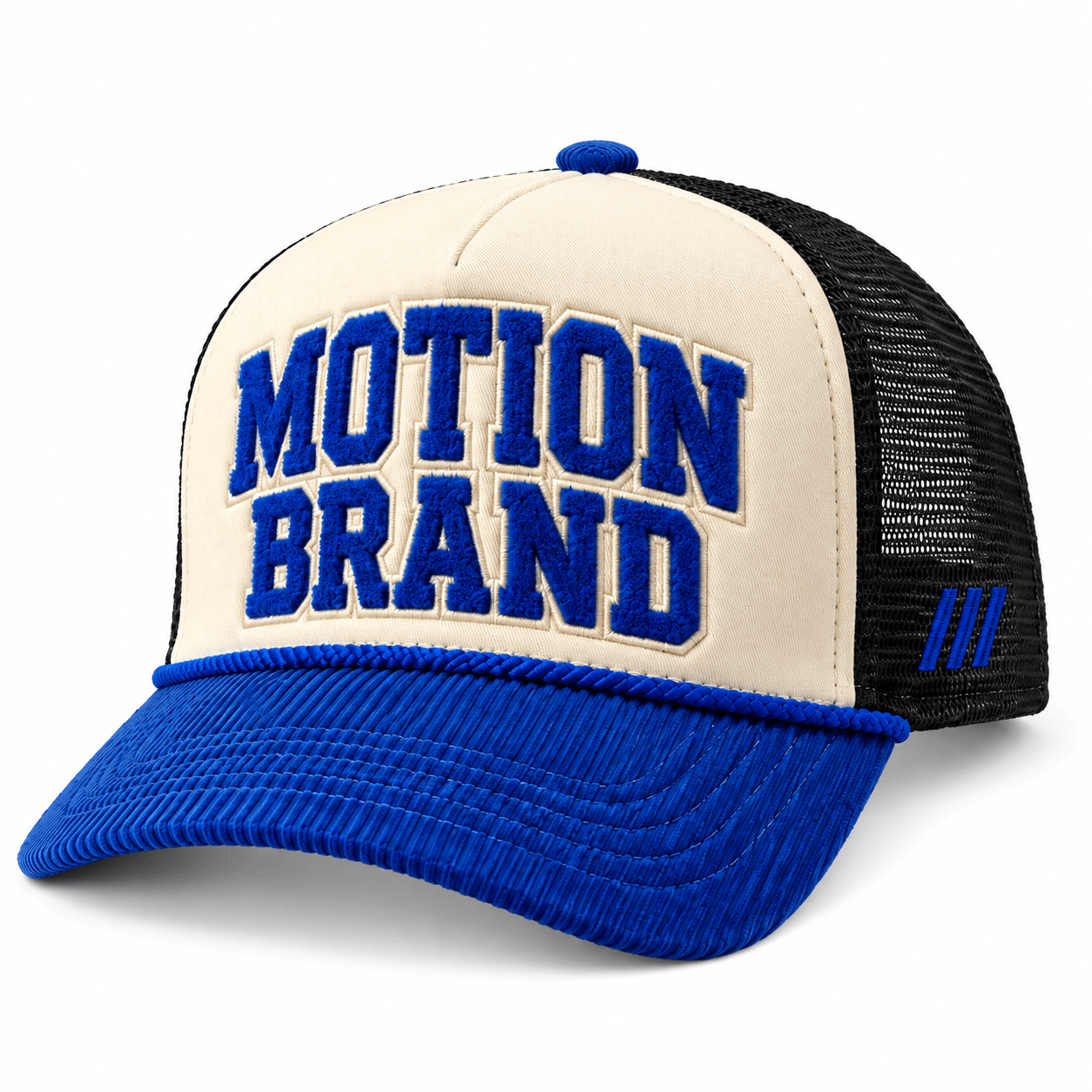 Cream and royal-blue MOTION trucker front view on white