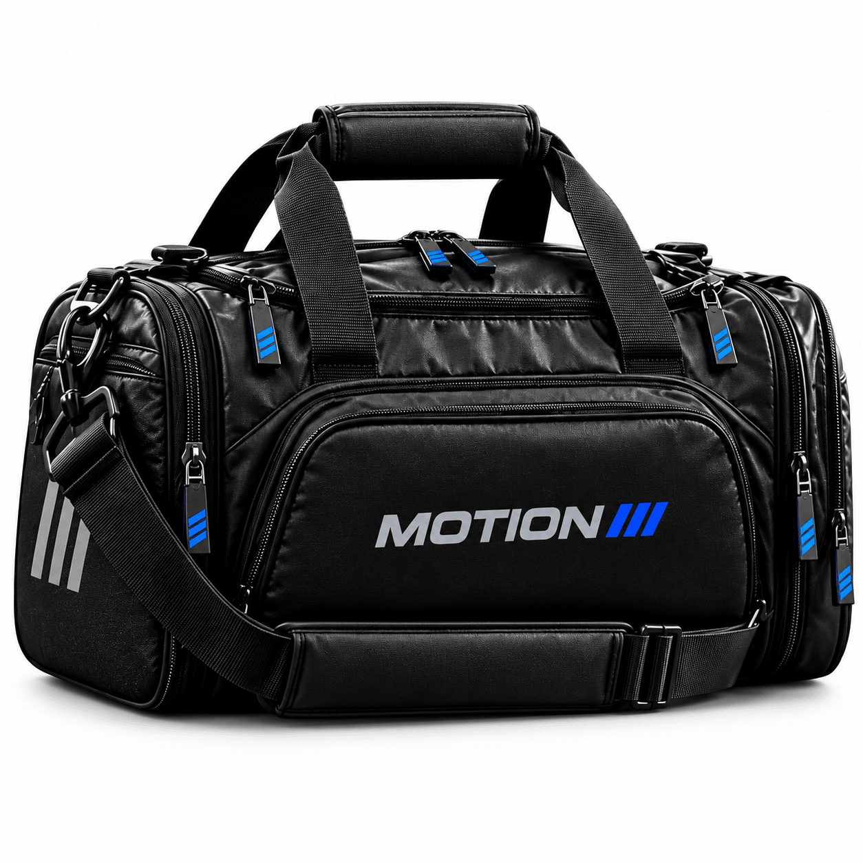 MOTION travel duffel with shoulder strap on white