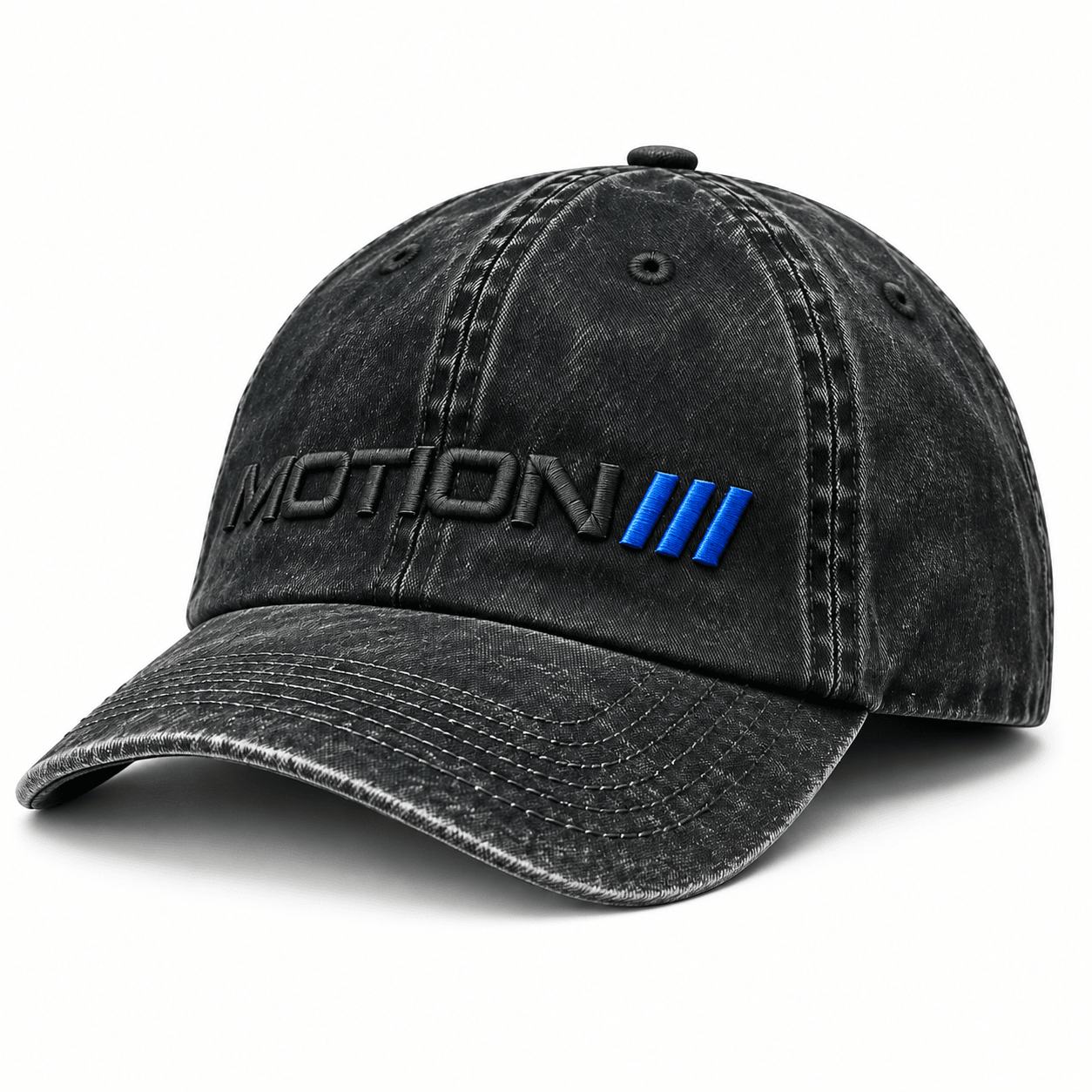Washed-black cap front three-quarter view on white