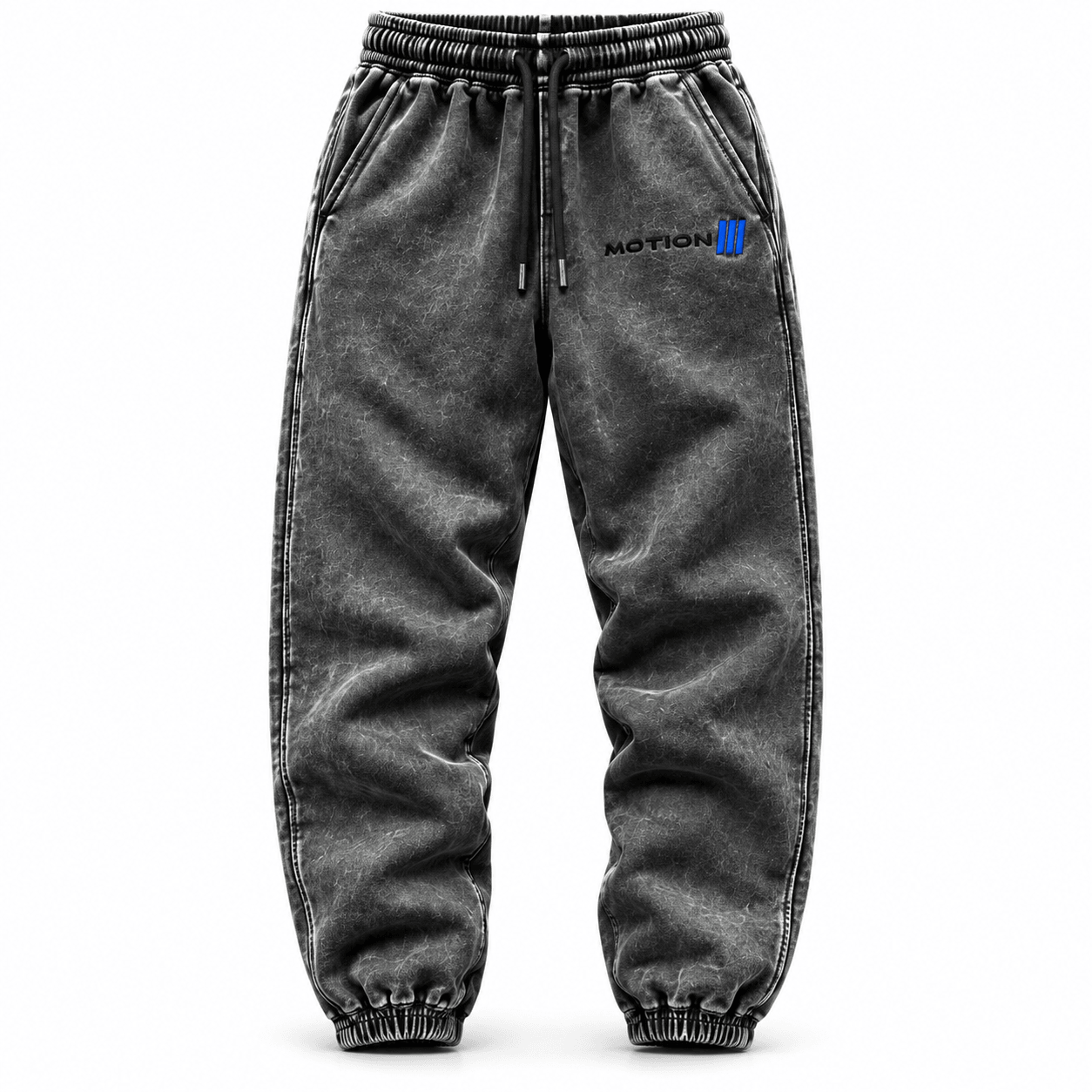 Washed-charcoal blue logo joggers front on white