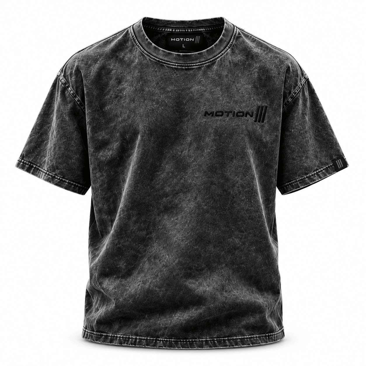 Washed-charcoal MOTION tee front on white