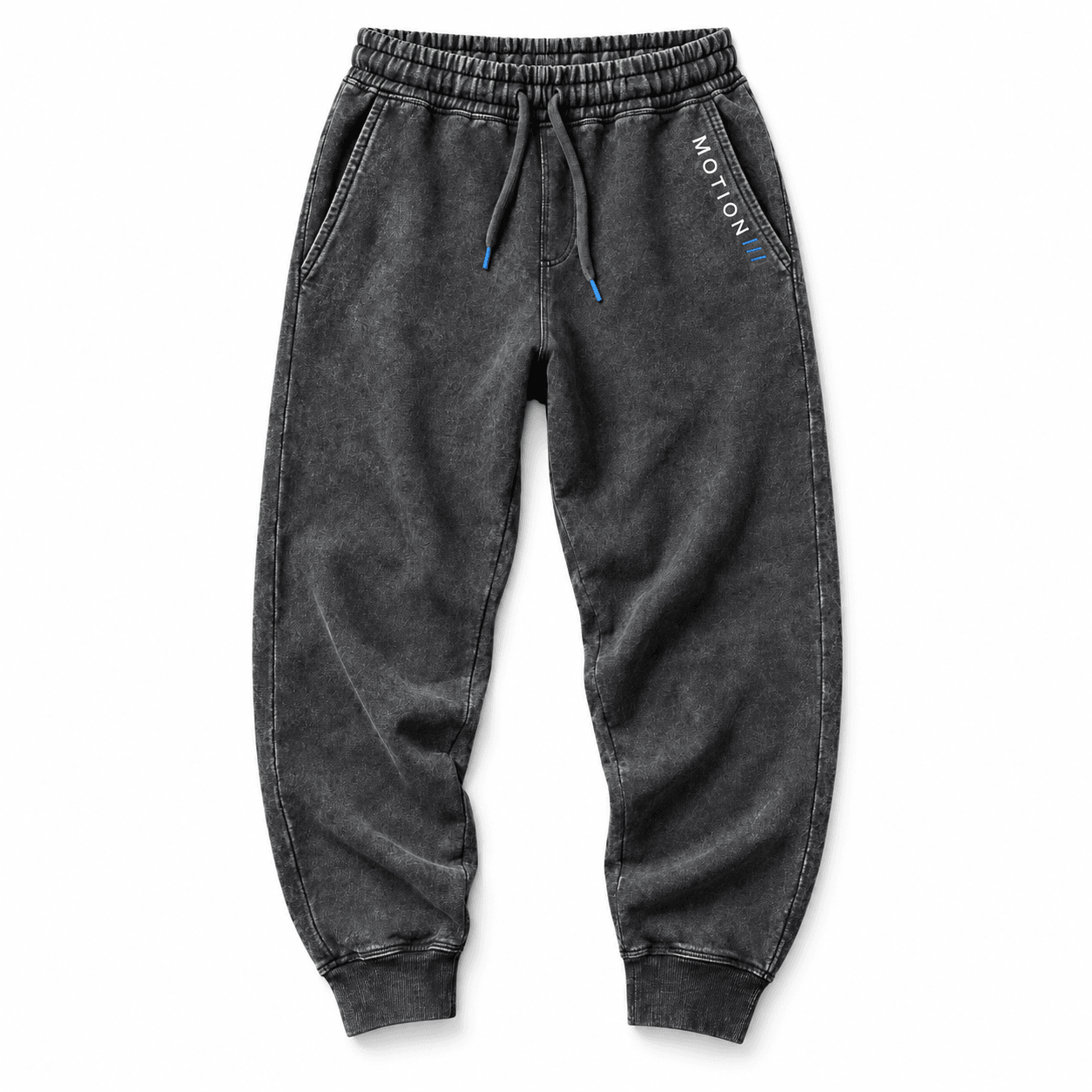Washed-charcoal vertical logo MOTION joggers on white