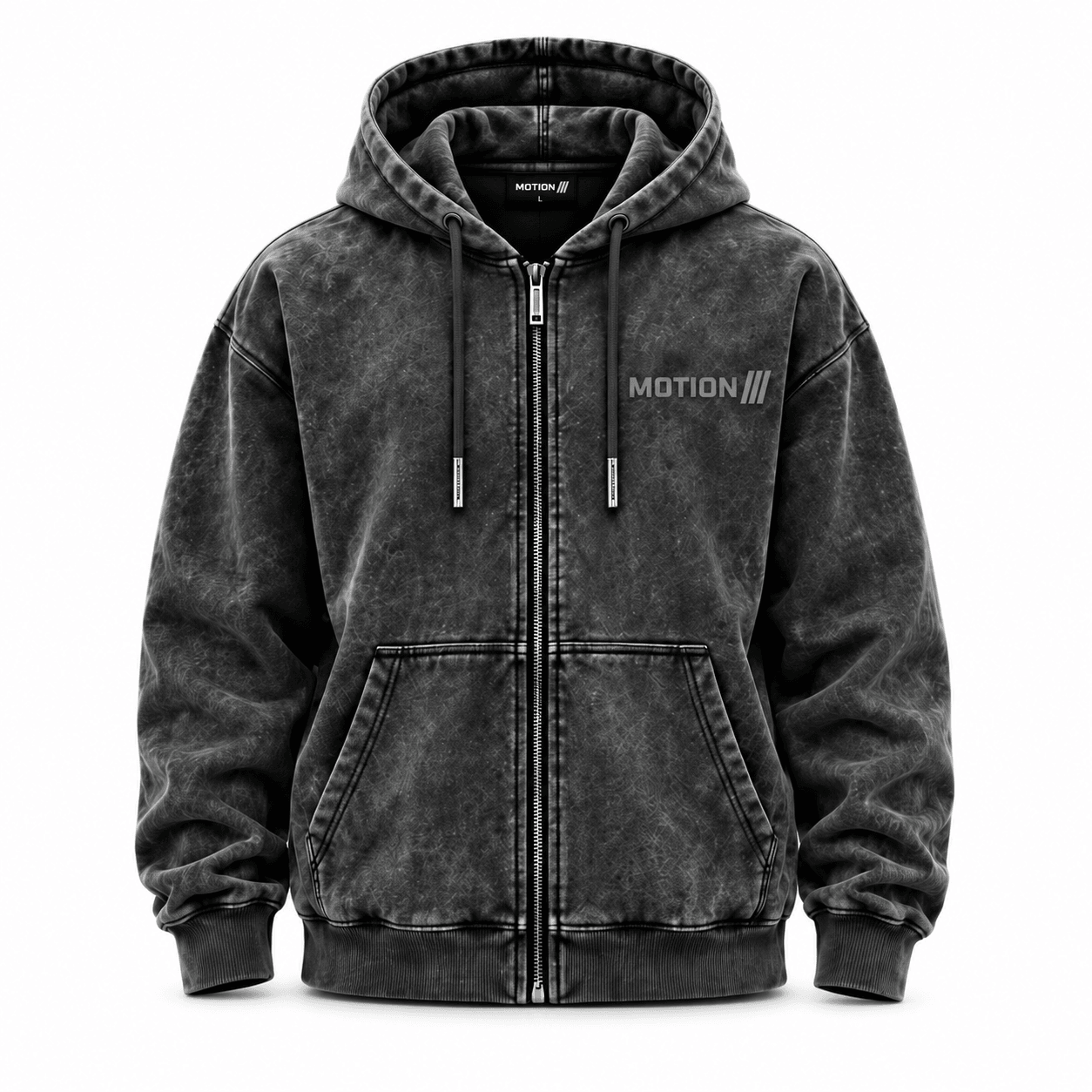 Washed-charcoal MOTION zip hoodie front on white